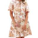 BTFBM Women Summer Floral Short Dresses V Neck Short Sleeve Tiered Ruffle Boho Swing Dress A-Line Mini Dresses(White Apricot Floral,Large) Size L