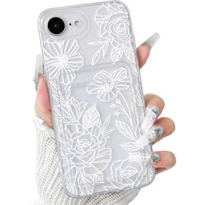2 x NITITOP Compatible with iPhone 16e Case with Card Holder Clear Cute Line Rose Floral Flowers for Women Girls Soft TPU Wallet Shockproof Protective Cover - White