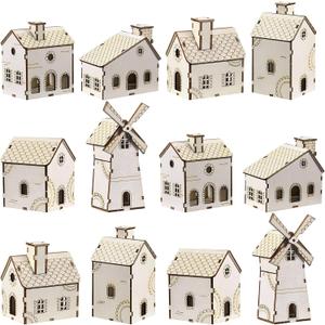 Hiboom 12 Pcs DIY Christmas Village Sets Wood Gingerbread Houses Christmas Mini Wooden House Gift for Winter Xmas Party Crafts Decorations