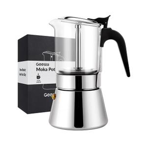 Geesta Premium Crystal Glass-Top Stovetop Espresso Moka Pot - 4/6/ 9 Cups - Stainless Steel Coffee Maker- 240ml/8.5oz/6 cup 
