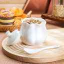 Ceramic Sugar Bowl with Lid and Spoon, Flower-Shaped Porcelain Salt Storage Jar, White Seasoning Container for Home and Kitchen, 9 Ounces