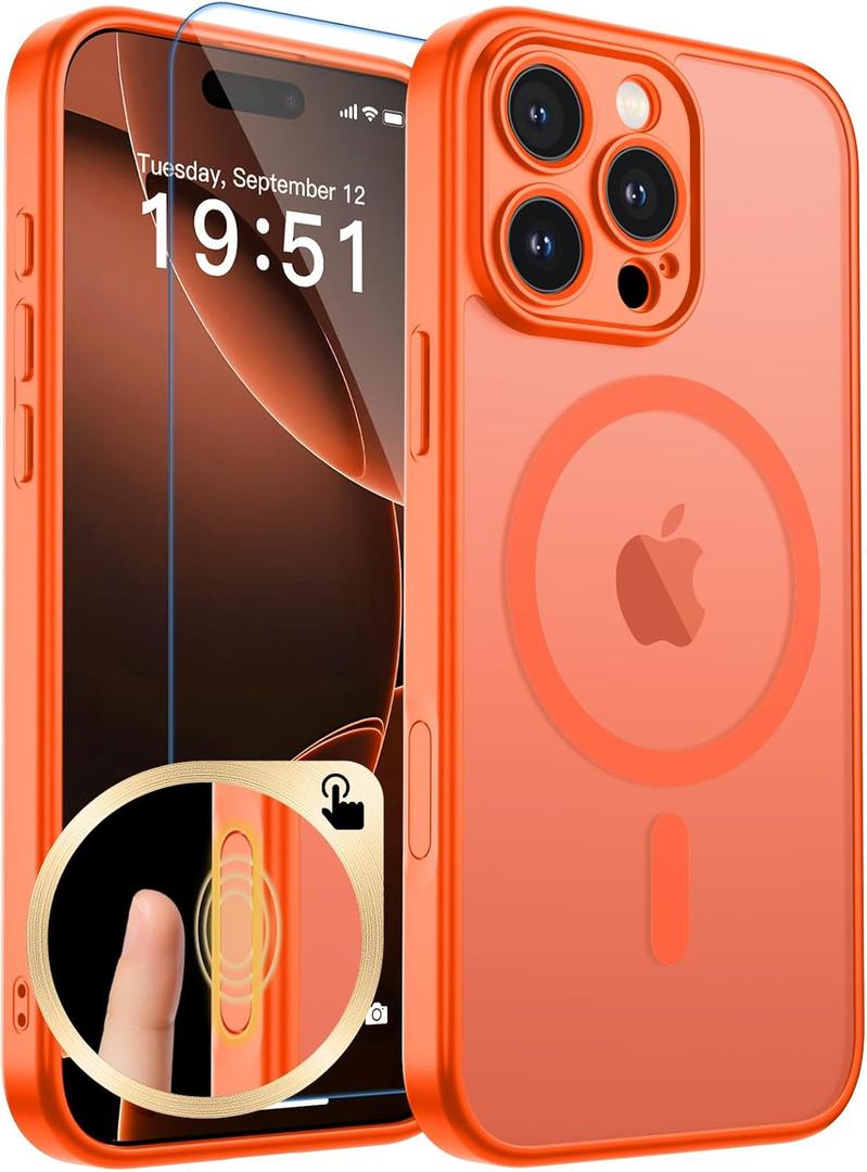 Magnetic for iPhone 16 Pro Max Case, Upgraded [Camera Control Button] [Full Camera Protection] [with 1 Screen Protector] Translucent Matte Shockproof Protective Phone Cover, Bright Orange