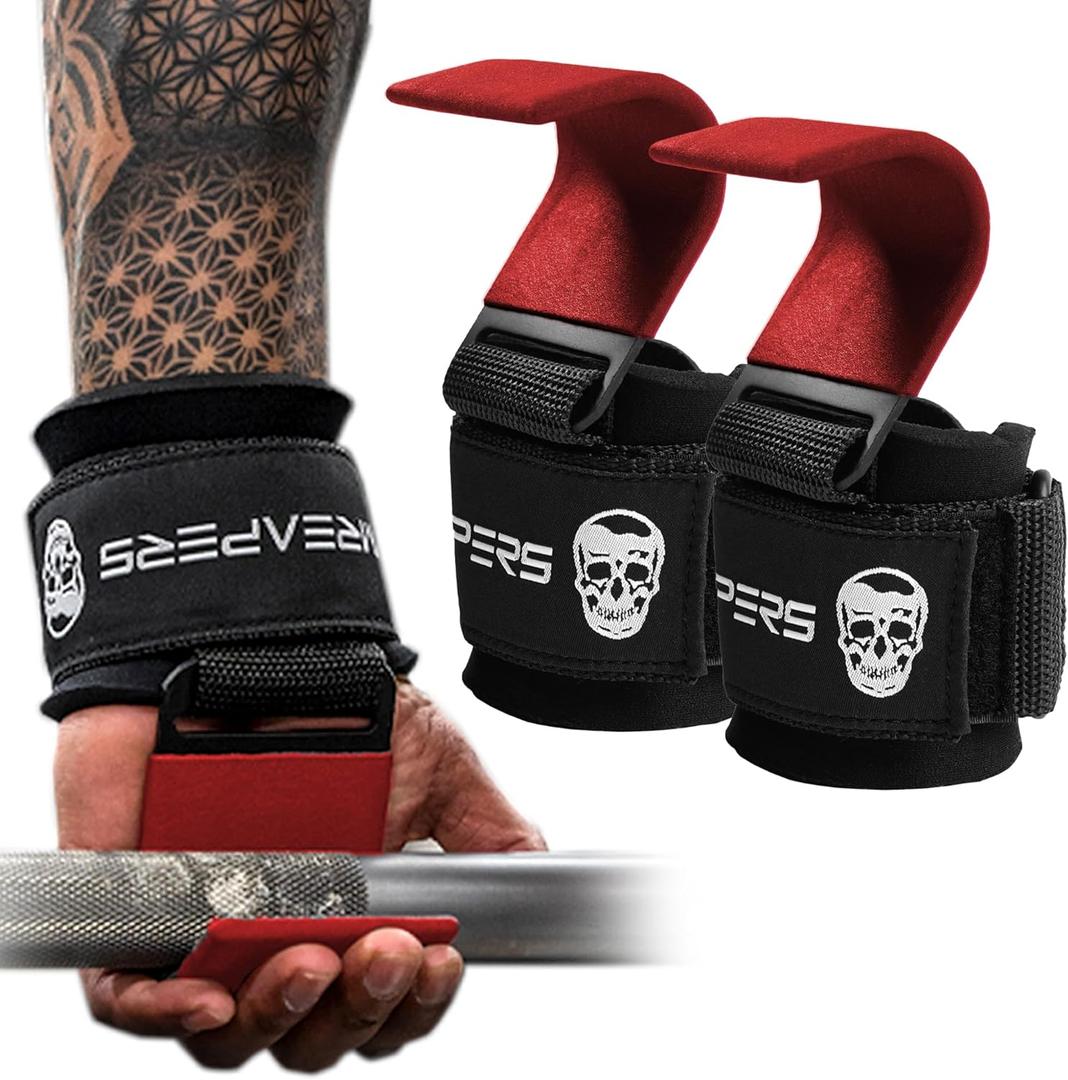 Gymreapers Weight Lifting Hooks (Pair), Heavy Duty Power Wrist Straps Hand Grip Support For Deadlifts, Pull Ups, Shrugs - Gym Gloves For Men and Women (Red)