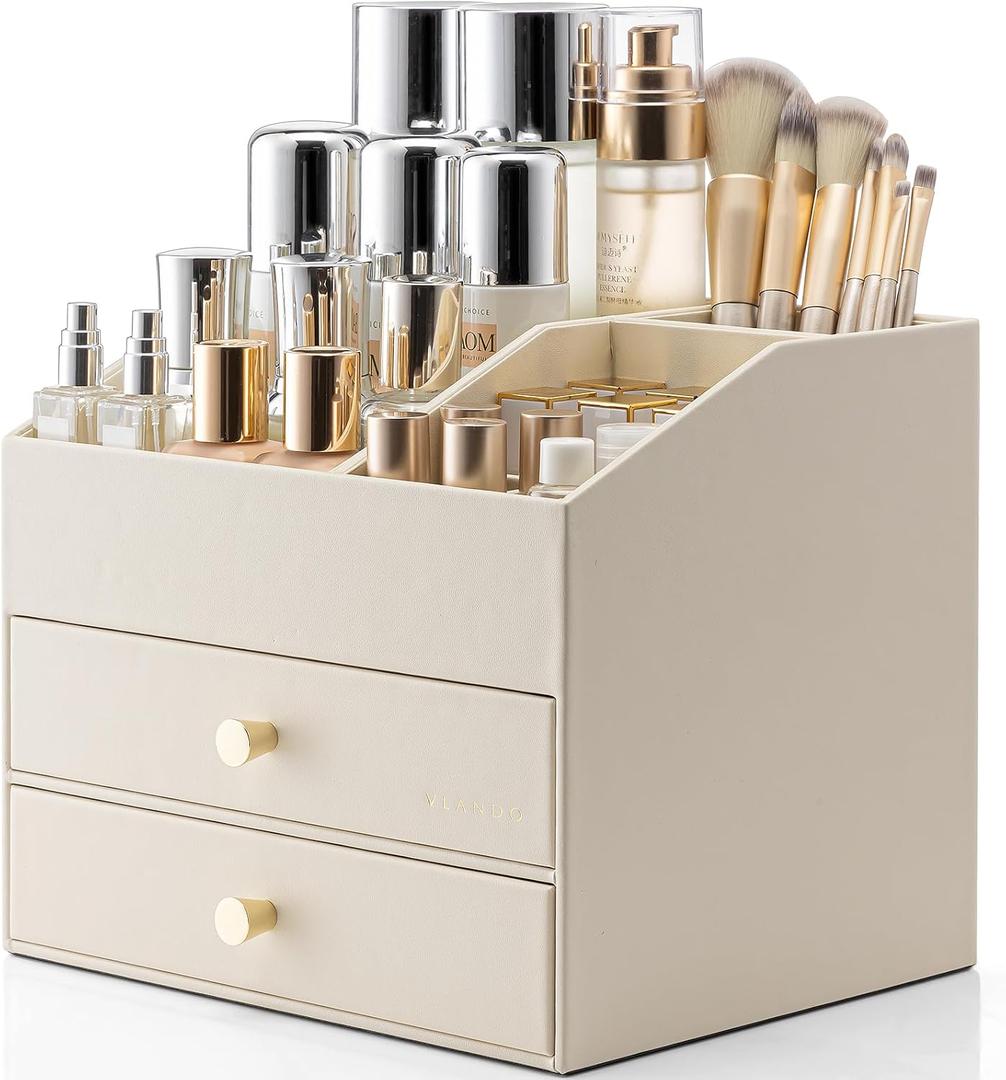 VLANDO Makeup Organizer for Vanity,Large Capacity Bathroom Counter Organizer with Drawers,PU Leather Skin Care Storage for Lipstick,Brushes,Perfumes (Beige)