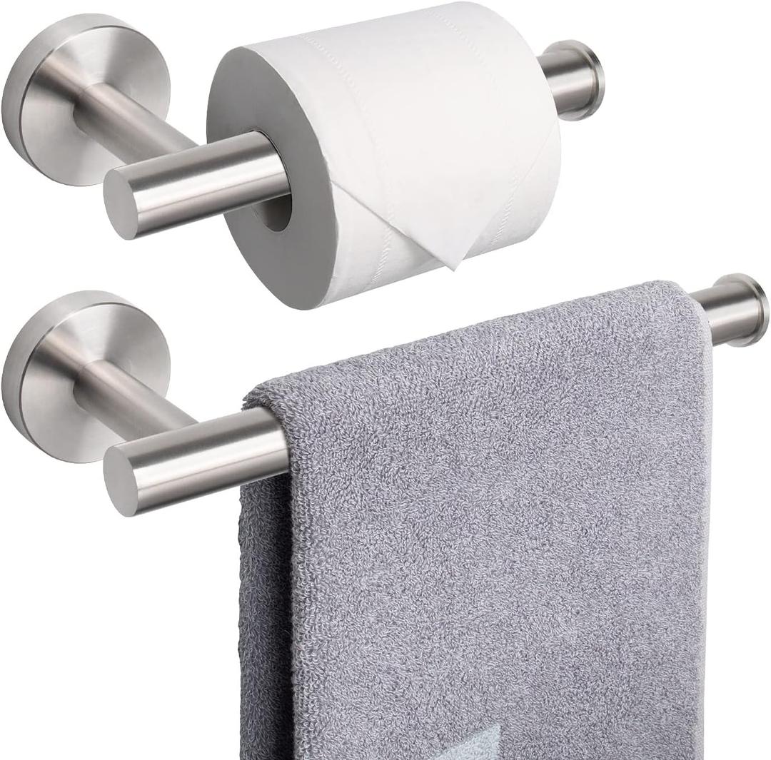 NearMoon Bath Toilet Paper Holder+ Hand Towel Holder, 2 Pieces Bathroom Hardware Set- Premium 304 Stainless Steel Toilet Roll Holder and Towel Rack Wall Mounted for Kitchen (Brushed Nickel)