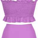 RXRXCOCO Womens Shirred Bandeau Bikini Cute Two Piece Swimsuit Off Shoulder High Waist Bathing Suit (XS)