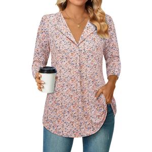Bulotus Women's 3/4 Length Sleeve Tops Lapel Collar Business Casual Blouses Dressy Tunic Tops (X-Large, Pink Flower)