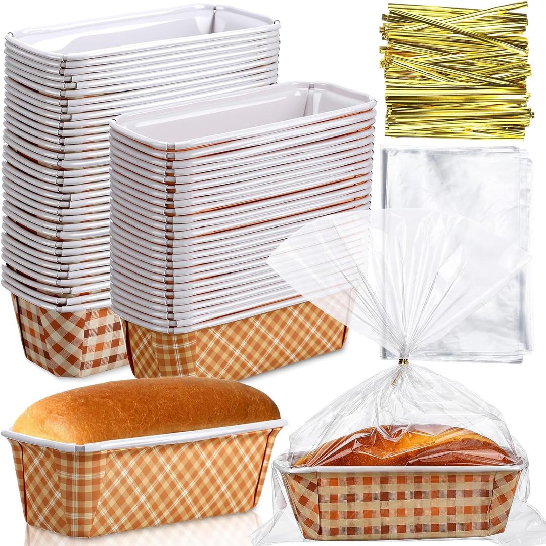 Hushee 50 Sets Fall Paper Loaf Pan 6.3 x 2.2 x 2.2 Inch Disposable Cake Pan Liners with Clear Plastic Bags and Ties Rectangle Paper Baking Mold for Thanksgiving Autumn Bread Cake Bakery(Plaid)
