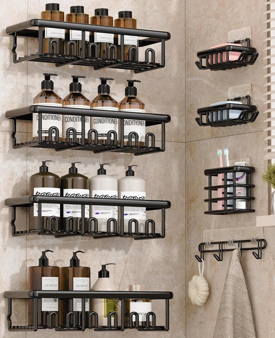 8 Pack Adhesive Rustproof Shower Shelves with Soap Dishes, Toothbrush Holder & Hooks, Large Capacity No-Drilling Shower Shelves Rack for Bathroom Organizers and Storage Accessories, Black