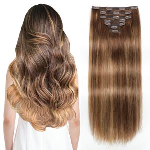 Sisily Clip in Hair Extensions Real Human Hair, 20 inch 160g, Chocolate Brown To Caramel Blonde, 100% Brazilian Remy Human Hair Clip in Extensions Soft Straight 7pcs Per Set with 16 Clips Double Weft