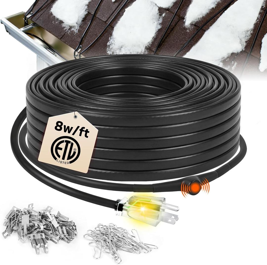 HEATIT 100ft Self-Regulating Heat Tape, 120V 8W/ft Roof & Gutter & Pipes Heating Cable with Thermostat and 10ft Lighted Plug, De-Icing Cable for Ice Dam Prevention & Freeze ProtectionETL Listed