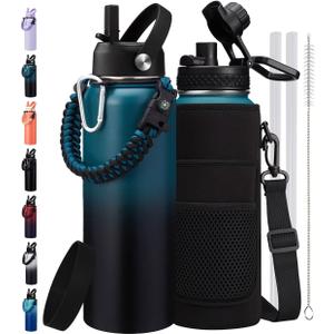 Insulated Water Bottle 40 oz, (Cold for 48H), Leak Proof Food-Grade Stainless Steel Water Jug With Auto Spout and Straw Lid, Portable Paracord Handle & Carrier Bag for Men Women Gym, Indigo Black