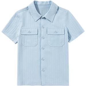 blibean Boys Button-Down Uniform Shirts Semi Formal Dress Tops with Chest Pockets (Blue, L)