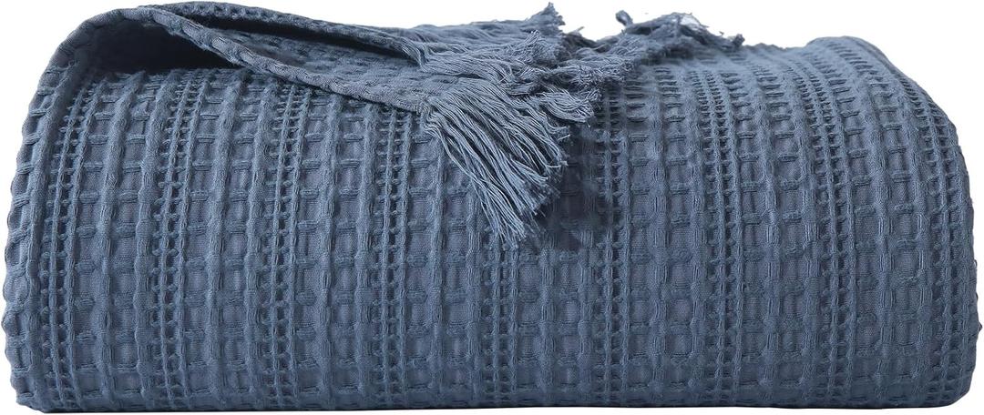 100% Cotton Waffle Blanket with Fringe, Pre-Washed Waffle Weave Blanket for All Season, Lightweight Breathable Soft Cozy Throw Blanket for Couch, Bed, Travel (Blue - 50x60 Inches)