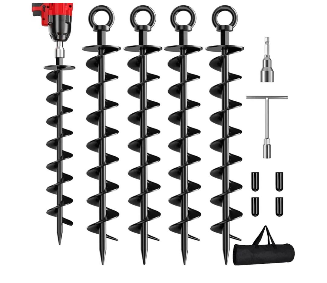 Ground Anchor Screw in, 4 Pack Spiral Trampoline Anchors with Nut and Tool Swing Set Anchors Tent Stakes High Wind Heavy Duty for Sheds, Carports, Mobile Home Black