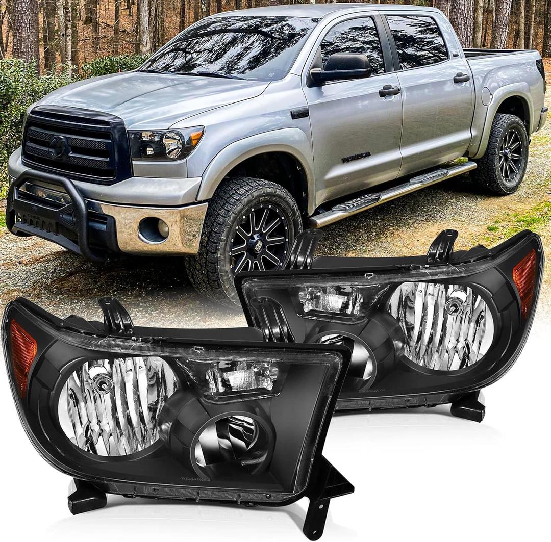 Headlight Assembly Pair for 2007-2013 Toyota Tundra (with/without Level Adjuster)/2008-2017 Toyota Sequoia Headlamps Head Lights Replacement Driver and Passenger Side,Black Housing Amber Reflector