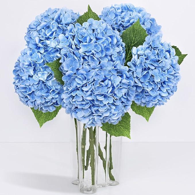 Yastouay 6 Pcs Real Touch Hydrangea Artificial Flowers, 21" Light Blue Full Faux Hydrangea Flowers Latex Fake Flowers for Home Decor Party Floral Arrangements Wedding Bouquets Centerpieces Outdoor Decor