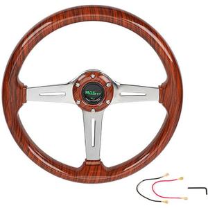 350mm 14" Deep Dish Acrylic Wood Grain Steering Wheel,Universal 6 Bolts EZGO Golf Cart Steering Wheel Slotted 3 Spoke with Horn button