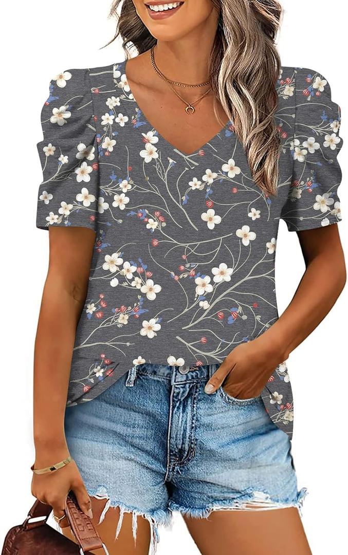 Anydeer Women's Summer Tunic Top Short Puff Sleeve Casual Tshirts Vneck Fashion Pullover Loose Blouse 2XL