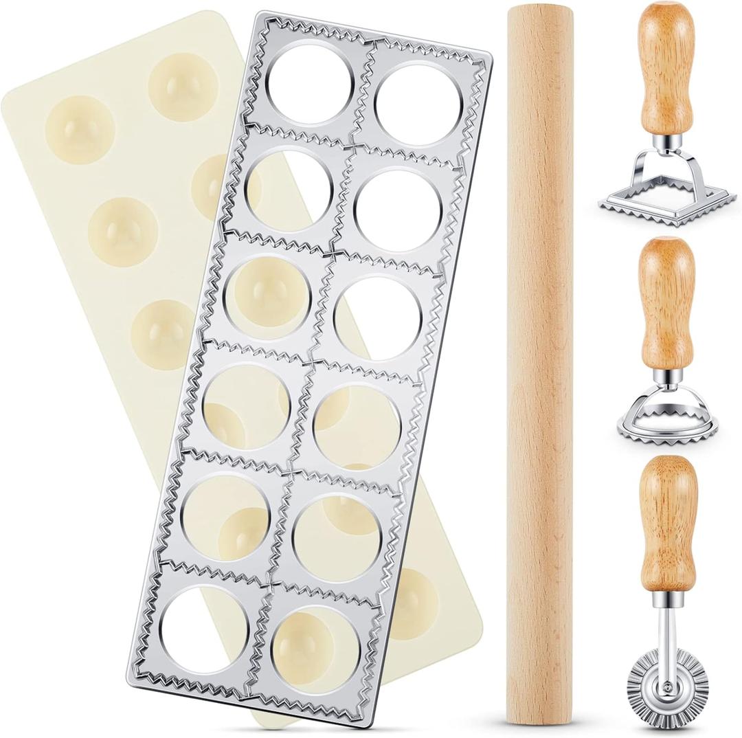 Geetery 5 Pcs Ravioli Mold Set 2 Inch Squares Ravioli Maker Cutter Include 1 Raviolis Maker Press 3 Pasta Cutter Stamp Makers 1 Wood Rolling Pin Pasta Making Tool for Home Kitchen Supplies (12 Holes)