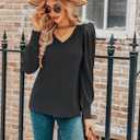 HOTOUCH Women's Knit Shirt Soft Puff Long Sleeve Blouse Tops Lightweight V Neck Tunic XS-XXL (Black, L)