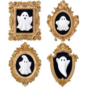 Wesiti 4 Pcs Halloween 3D Ceramic Ghosts with Vintage Resin Framed Mini Cute Sculpture Statue Wall Decoration Small Scary Ghost Figurine Halloween Sculptures for Wall Living Room Bedroom Home Decor