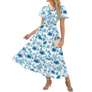 GRACE KARIN Womens Summer Floral Maxi Dresses 2026 Short Sleeve V Neck Dress Casual Flowy Beach Vacation Sundress with Pockets White Blue Floral M