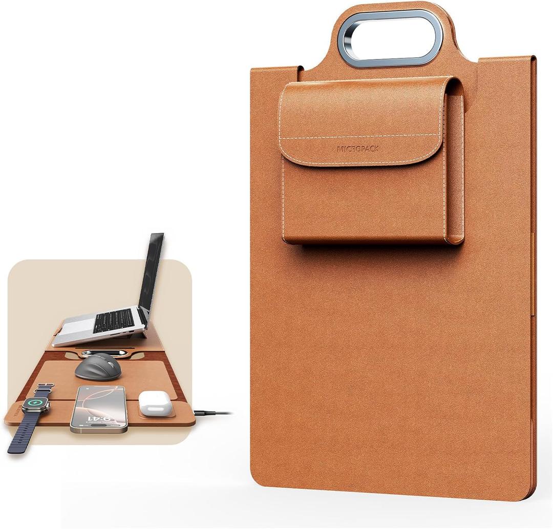MicroPack Laptop Sleeve with Wireless Charging, Built-in Detachable Accessory Organizer and Metal Handle, Mouse Pad and Stand, Leather Laptop Bag for 15 Inch MacBook/HP/Dell, Watch, Headphones - Brown