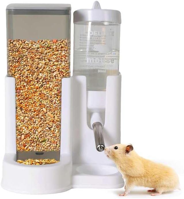 Hamster Water Bottle Standing Water Dispenser No Drip 2 in 1 Large Capacity Small Animal Automatic Food Bowl for Cage Accessories for Hamsters Gerbils Mice (Gray, 5.91 in X 4.13 in X 4.33 in)