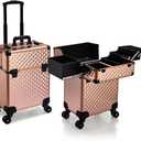 Stagiant Rolling Makeup Train Case Large Storage Cosmetic Trolley 4 Tray with Sliding Rail Removable Middle Layer with Key Swivel Wheels Salon Barber Case Traveling Cart Trunk