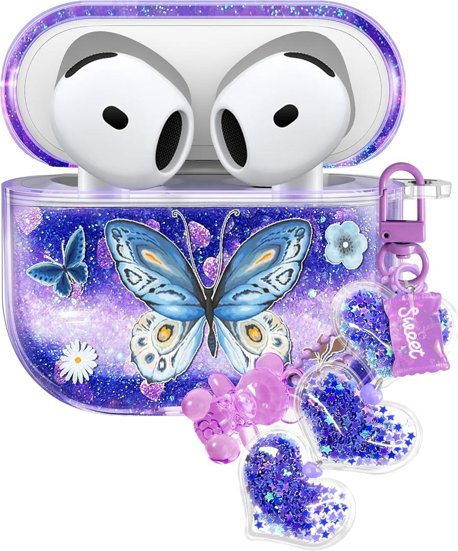 Coralogo for Apple for Airpods 4 Case - Women Girls Cute Girly Kawaii 4th Generation for Airpods Cases Cover Glitter Liquid Sparkle Butterfly Hard Shell Keychain Funda Estuche Forro para Airpod 4 Gen