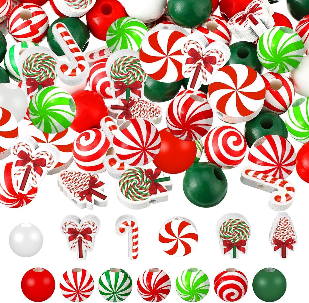 Qunclay 200 Pcs Christmas Beads for Crafts Wooden Christmas Beads Red Green and White Peppermint Candy Cane for Jewelry Making Holiday DIY Garland Party Tree Hanging Home