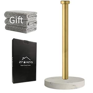 Paper Towel Holder Countertop, Standing Paper Towel Roll Holder for Kitchen Bathroom, with Weighted Marble Base for One-Handed Operation (Gold), Gold Paper Towel Holder, Marble