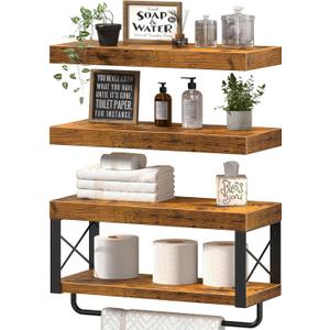 QEEIG Bathroom Shelves Over Toilet - Floating Shelf for Wall Toilet Paper Storage Farmhouse 16 inch Set of 3, Rustic Brown (029-40BN3)