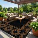 Outdoor Rug Geometric Black Brown 9x12 Waterproof | Extra Large Reversible Plastic Straw Outdoor Patio Rug 0.13" Thick for Backyard, Patio