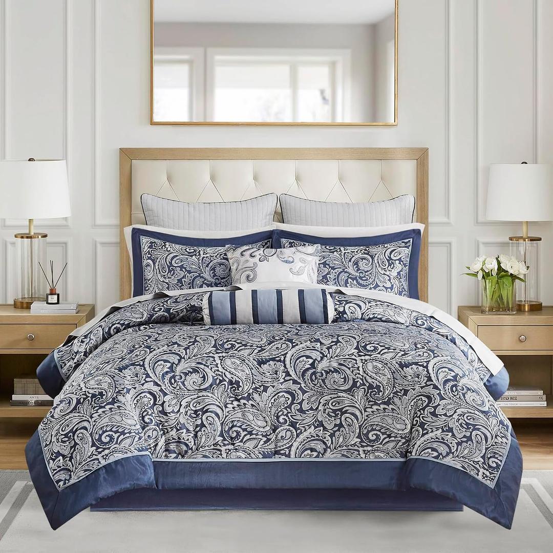 Madison Park Aubrey Cozy Comforter Set, Faux Silk Jacquard Paisley Design - All Season Down Alternative Bedding with Cotton Bed Sheets, Bed Skirt & Toss Pillows, Queen Navy 12 Piece