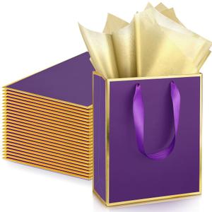 Yeaqee 24 Pack Metallic Paper Gift Bags with Handle and Tissue 9x7x3.1 Gold Foil Welcome Thank You Favor Bags Return Gifts for Wedding Mothers Graduation Bridesmaid Birthday(Purple Gold)