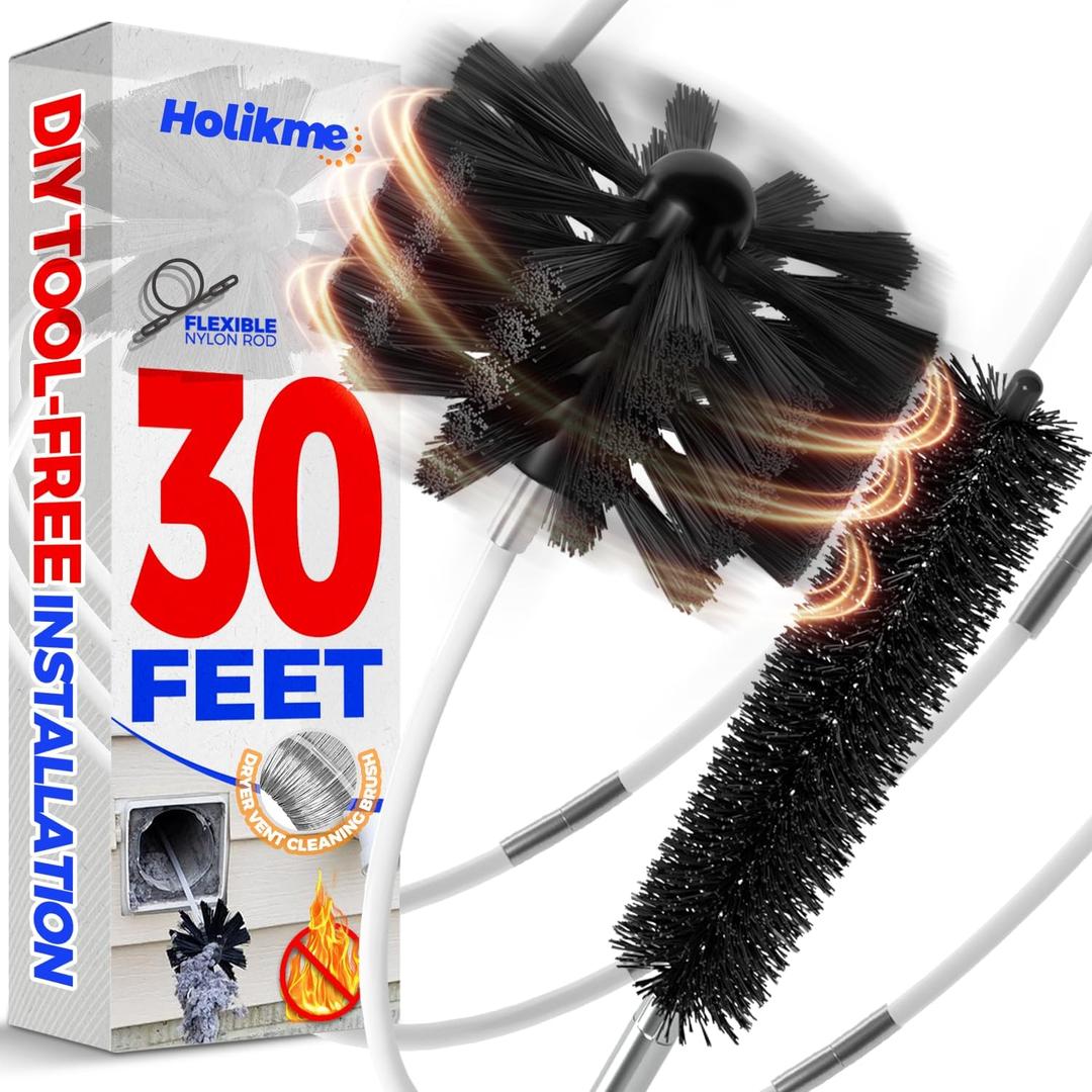 Holikme 30 Feet Dryer Vent Cleaner Kit, Flexible Lint Brush with Drill Attachment, Fireplace Chimney Brushes Extends Up to 30 Feet for Easy Cleaning, Use with or Without a Power Drill