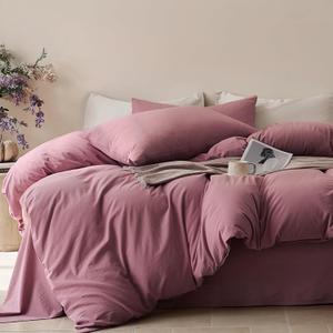 JELLYMONI Duvet Cover King Size - 100% Washed Cotton Comforter Cover with Linen-Like Texture, Breathable & Soft Bedding for Modern Home, Guest Room and Everyday Use,1 Duvet Cover & 2 Pillowcases (01- Deep Rose)