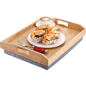 Cedilis Bamboo Lap Tray with Detachable Pillow, 16.9 x13 in Serving Tray with Handles for Bed Eating