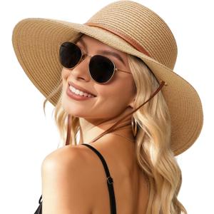 Womens Beach Sun Straw Hat, Wide Brim Sun Hat Travel Foldable Summer Wind Lanyard UPF 50+