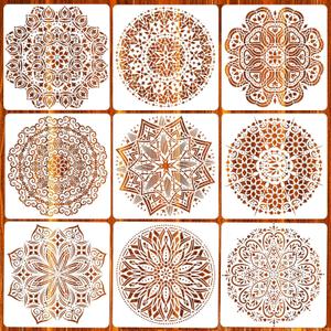 9 Pack 12x12'' Mandala Stencils for Painting on Wood, Floor, Wall, Tile Fabric, Reusable Furniture Stencils Painting Template