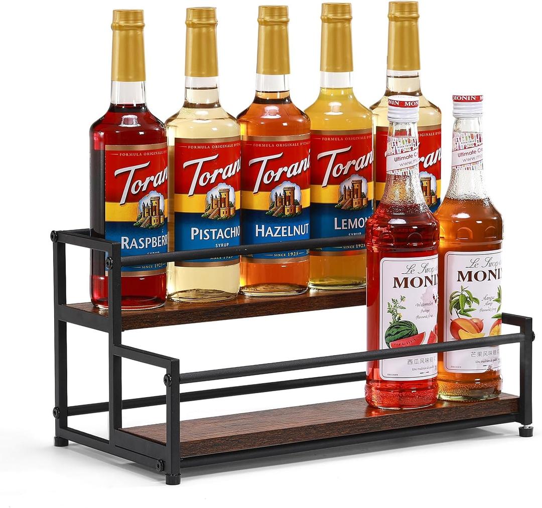Coffee Syrup Organizer, 2-Tier 10 Syrup Bottles Rack for Coffee Bar, Liquor Bottle Display Shelf Holder Bar Shelf Stand Countertop Rack for Syrup, Wine, Spice