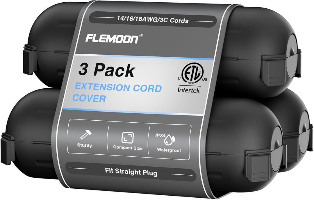 Flemoon [3 Pack] Outdoor Extension Cord Safety Cover with Waterproof Seal, Weatherproof Electrical Connection Box to Protect Outdoor Outlet, Plug, Socket, Christmas Holiday Decoration Light, Black