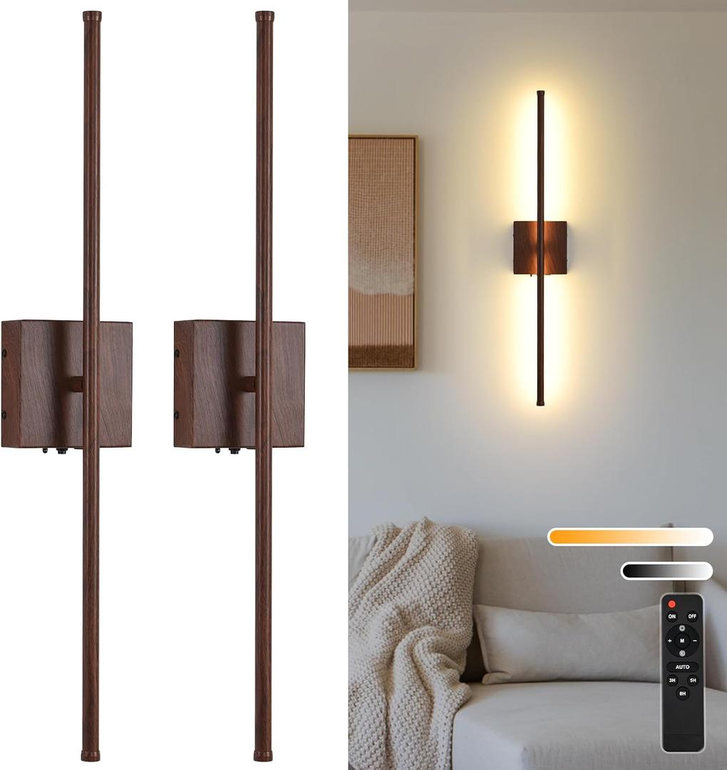 Battery Operated Wall Sconces Set of Two, 11000mAh LED Wireless Faux Walnut Finish Wall Lights with Remote, 350Rotate Dimmable Wall Lamp, 3 Color Temperatures, for Bedroom, Living Room, Hallway
