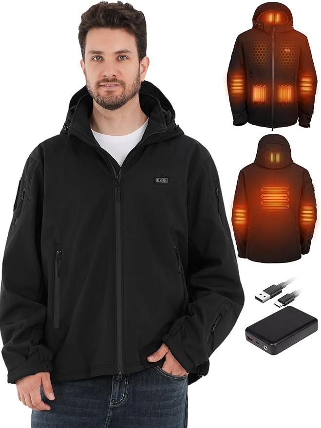 Heated Jacket for Men with 12V 15000mAh Battery Pack, Men's Waterproof Heated Coat, Outdoor Work Electric Jacket, Size 2XL