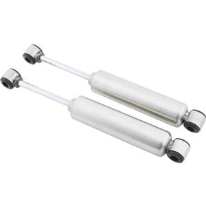 Short Gas Twin Tube Shocks, Universal Fit, Natural Stainless Steel Pair
9-5/8" Compressed Length, 14-5/8" Extended Length, 5/8" I.D. Eyelets, Used with 5/8" or 1/2" bolts, Front or Rear Use