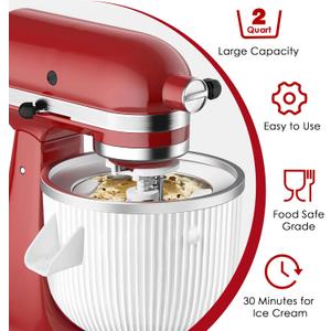 Ice Cream Maker Attachment for KitchenAid Mixers, Fits KitchenAid 4.5/5QT & 6QT Stand Mixers, Frozen Ice Cream & Sorbet Gelato Maker for KitchenAid, 2 Quart, White (Machine/Mixer Not Included)