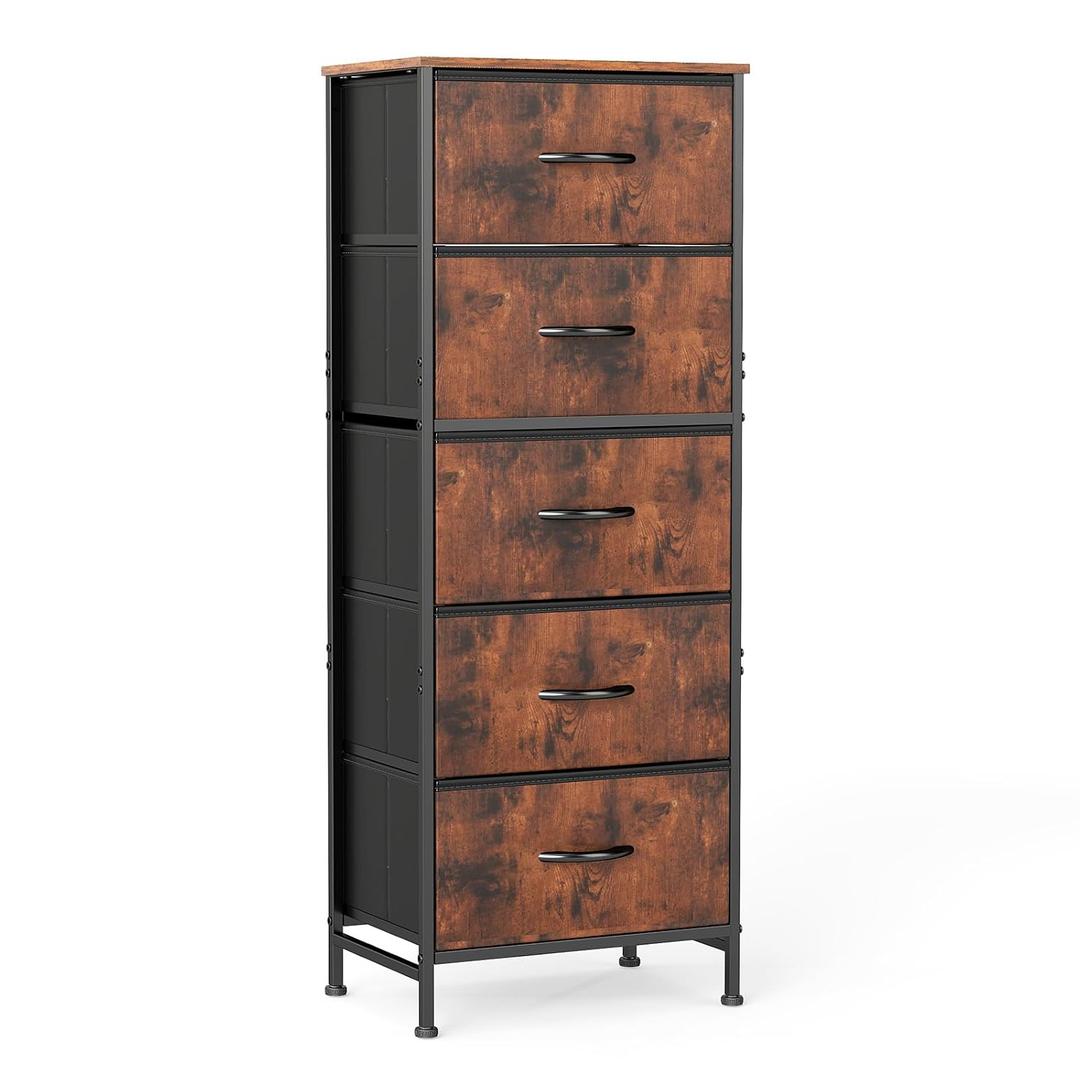Sweetcrispy 5 Drawer Dresser with Fabric Bins, Sturdy Steel Frame and Wood Top, Storage Organizer Chest for Bedroom, Closet, Hallway, Brown