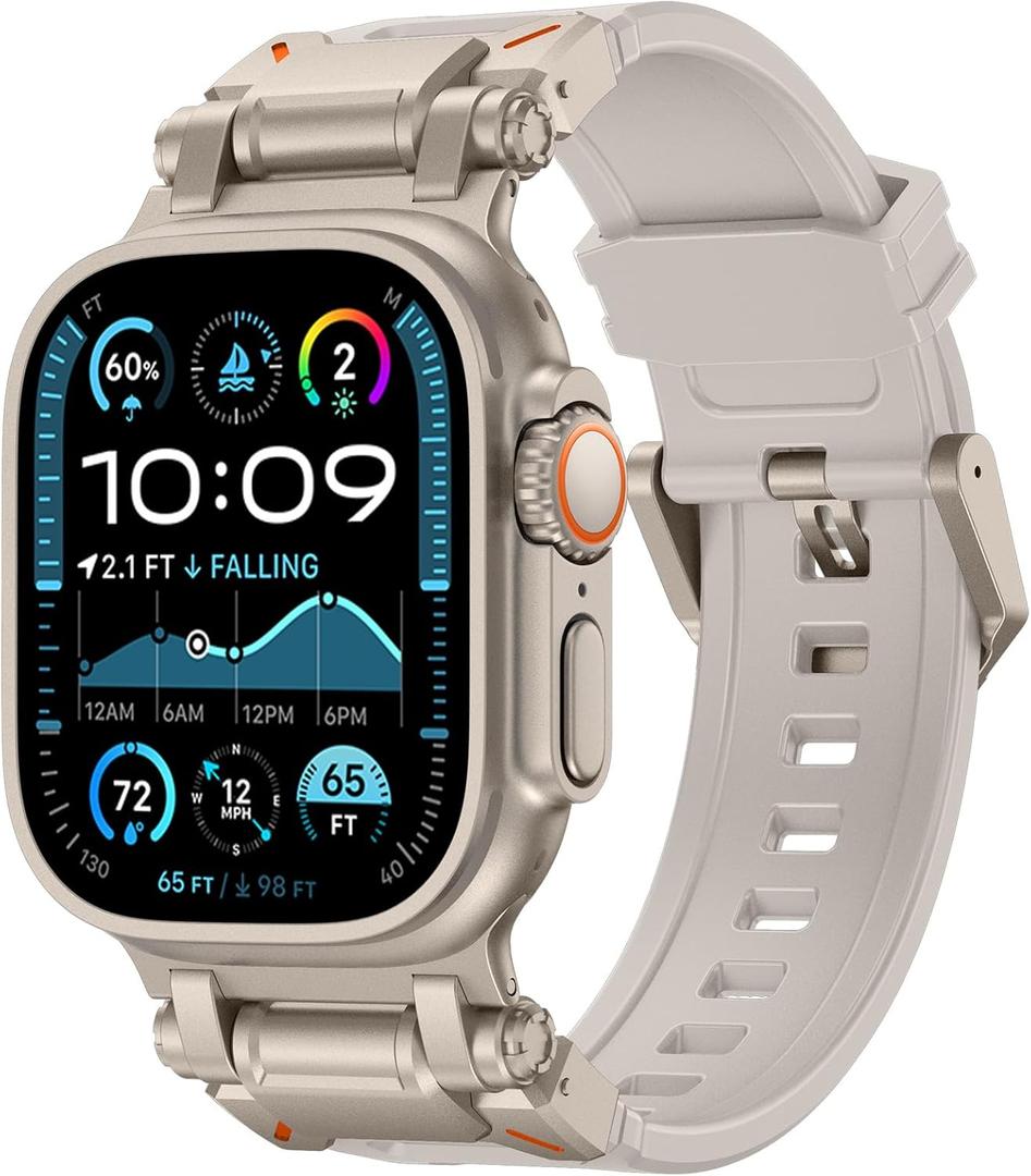 FULLIFE Designed for Apple Watch Band Apple Watch Ultra 3/2/1 49mm for Men, Silicone Rubber Bands with Metal Connector for Apple Watch Series 11/10 46mm, 9/8/7 45mm, SE2/SE 6/5/4 44mm, 3/2/1 42mm (Titanium Adapter-StarLight)